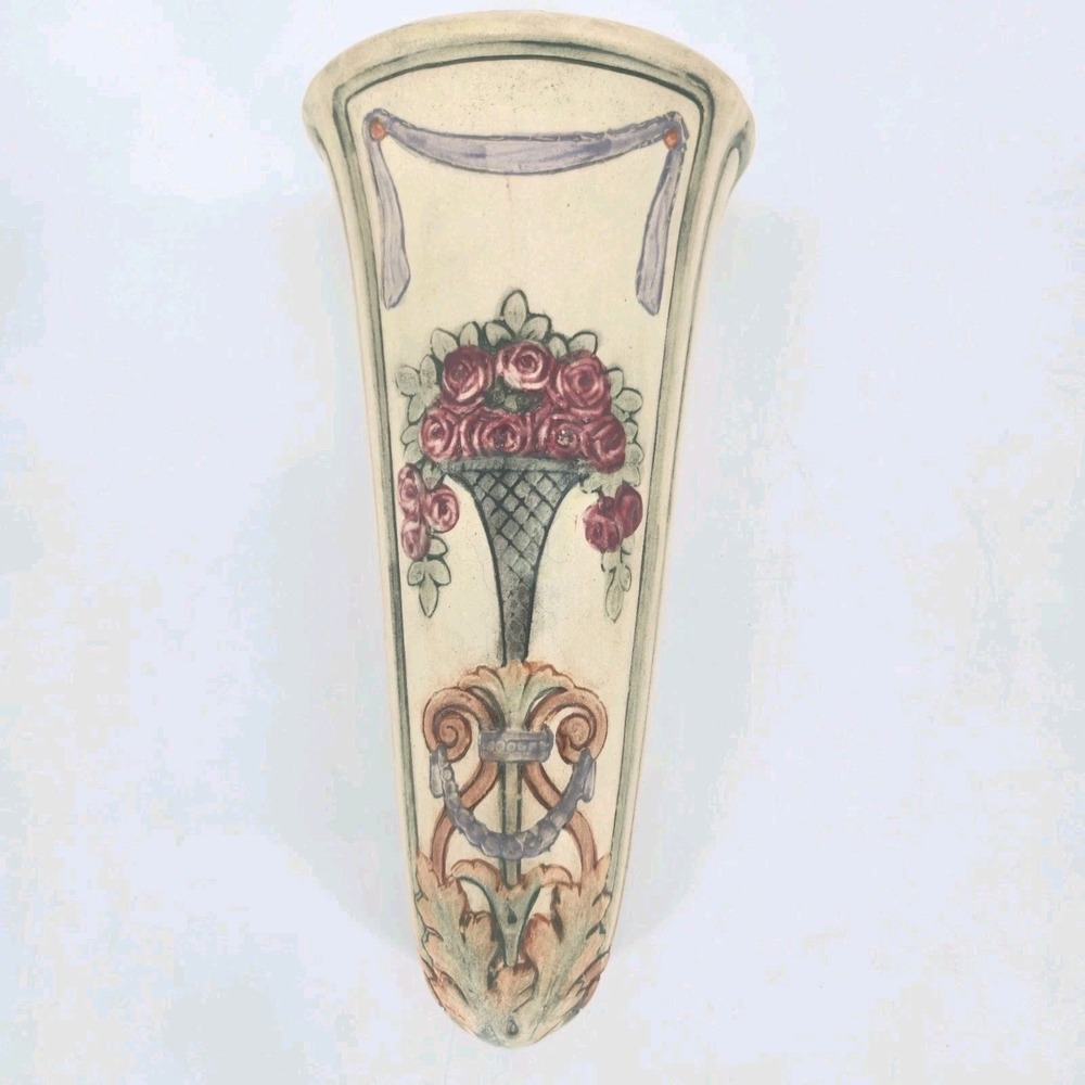 Weller Roma Wall Pocket Vase 10" Roses Basket Ribbons Floral Art Pottery Antique